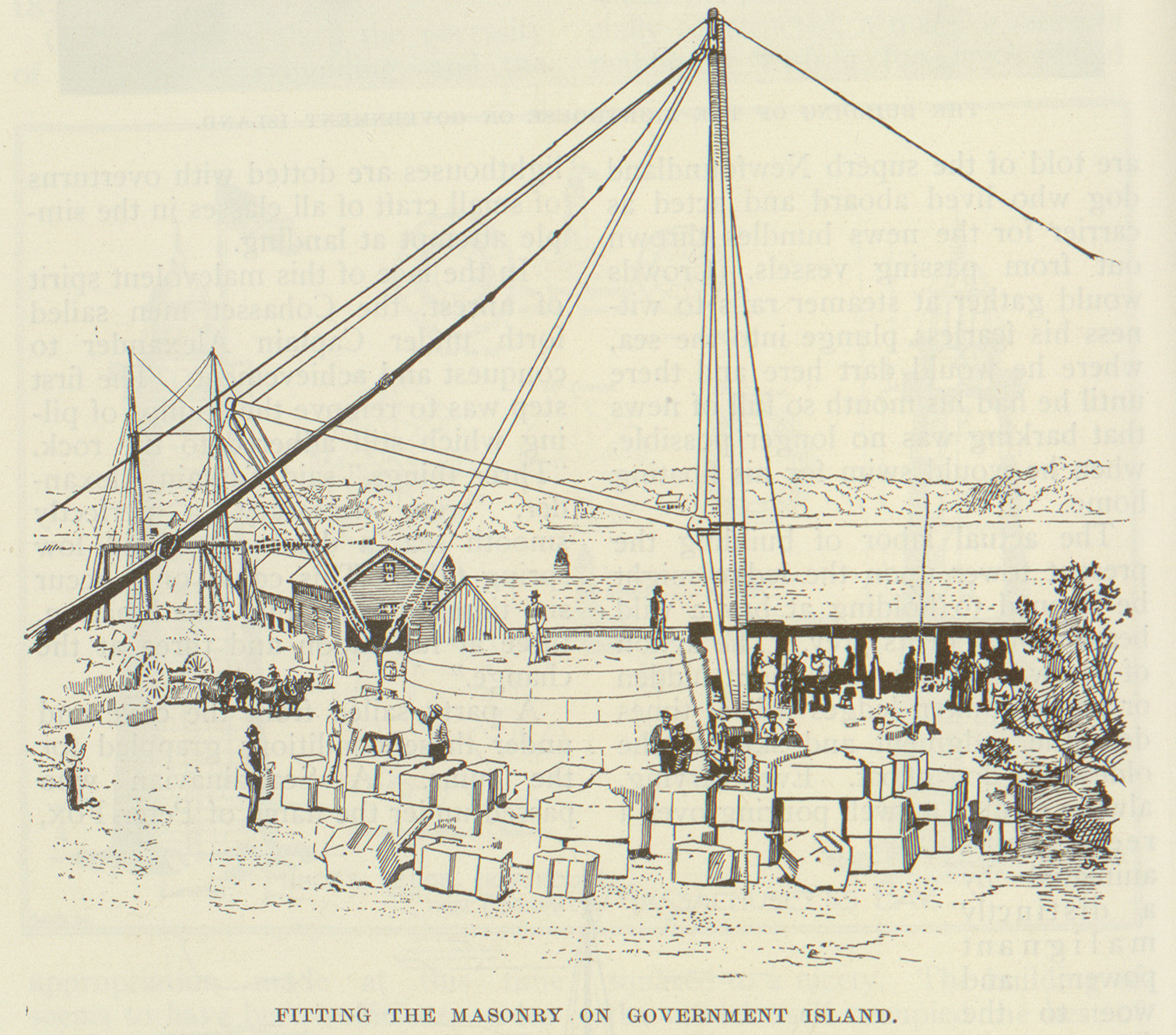 Fitting the masonry on Government Island — historic image