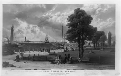 Castle Garden, New York, showing Bartholdi's Statue of Liberty / painted by Andrew Melrose.
