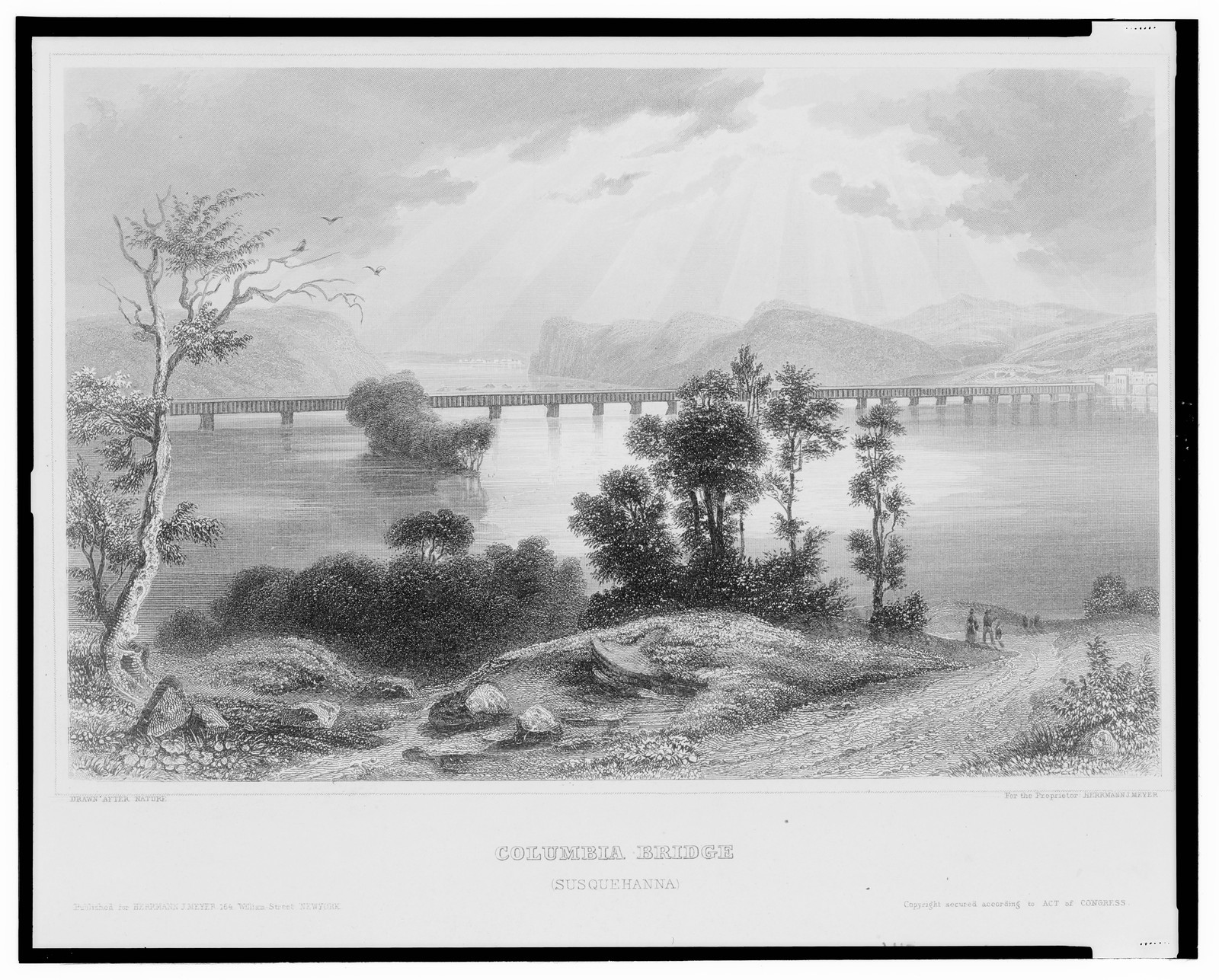 Columbia Bridge (Susquehanna) engraving — antique engraving