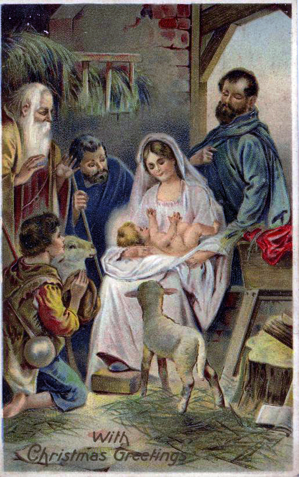 Nativity scene with Christmas Greetings postcard — vintage postcard
