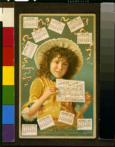 [Advertisement for Hoyt's German Cologne and Rubifoam for the Teeth, both manufactured by E.W. Hoyt & Co., Lowell, Mass., illustrated with girl and Ladies Calendar for 1889]