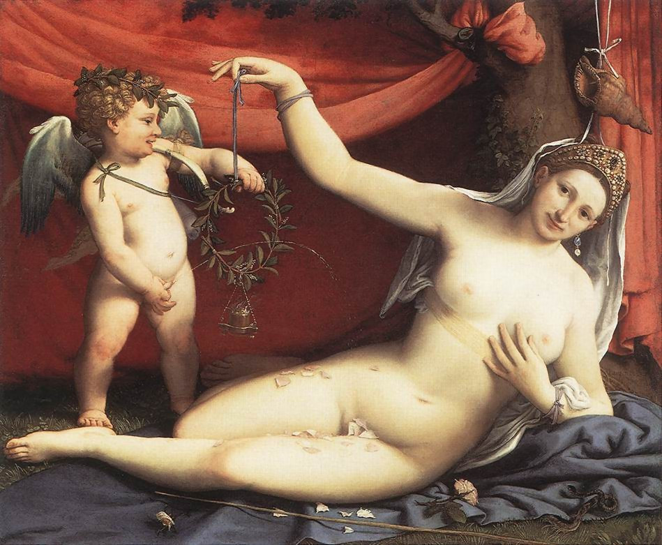 Venus reclining with Cupid holding a laurel wreath — historic image