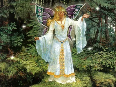 Fairy with butterfly wings in a forest