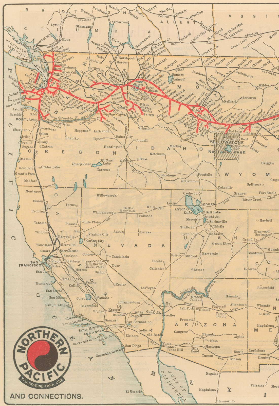 Northern Pacific Railway system map and connections, western United States — antique map