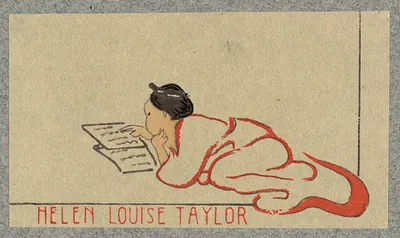 Bookplate of Helen Louise Taylor with a woman reading