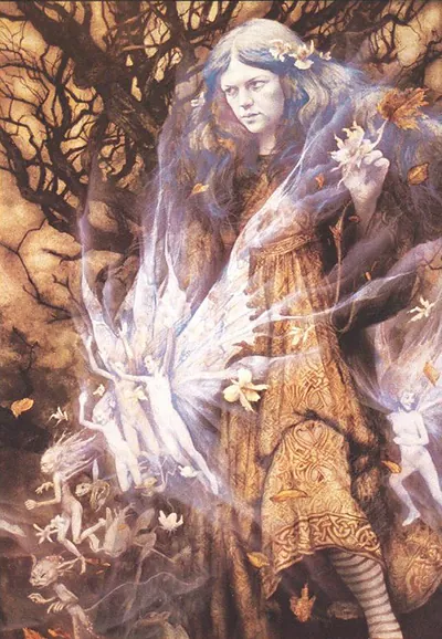 Woman with fairies and goblins under autumn trees