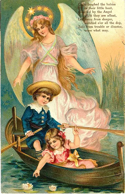 Angel guarding children in a rowing boat, printed verse postcard