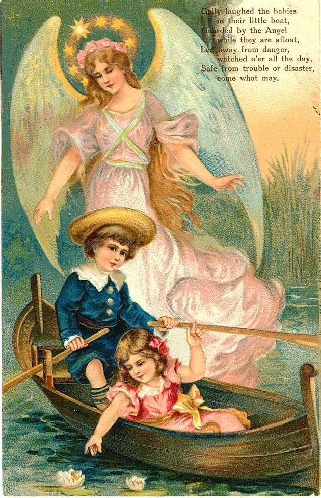 Angel guarding children in a rowing boat, printed verse postcard — vintage postcard