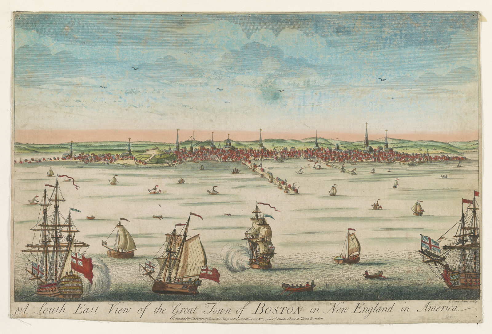 A south east view of the great town of Boston in New England in America / I. Carwitham sculp., [between 1730 and 1760?] — historic print
