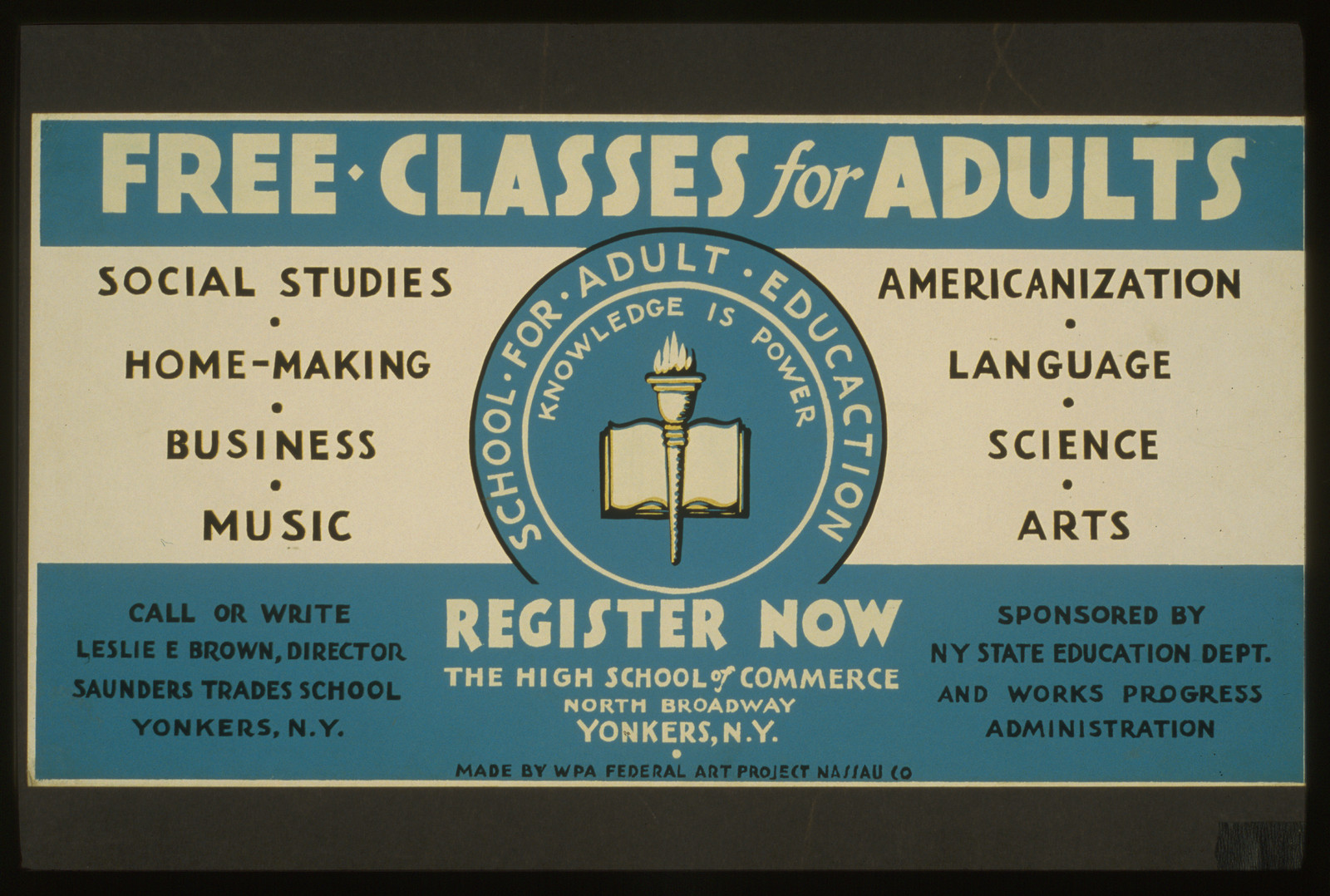 Free classes for adults - register now, 1936 — vintage poster