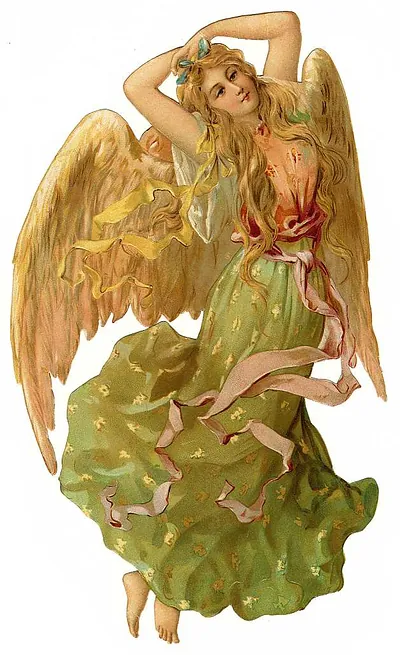 Winged angel with golden wings in a green gown