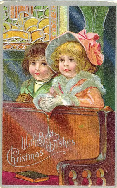 Vintage Christmas postcard of two children, 'With Best Wishes'