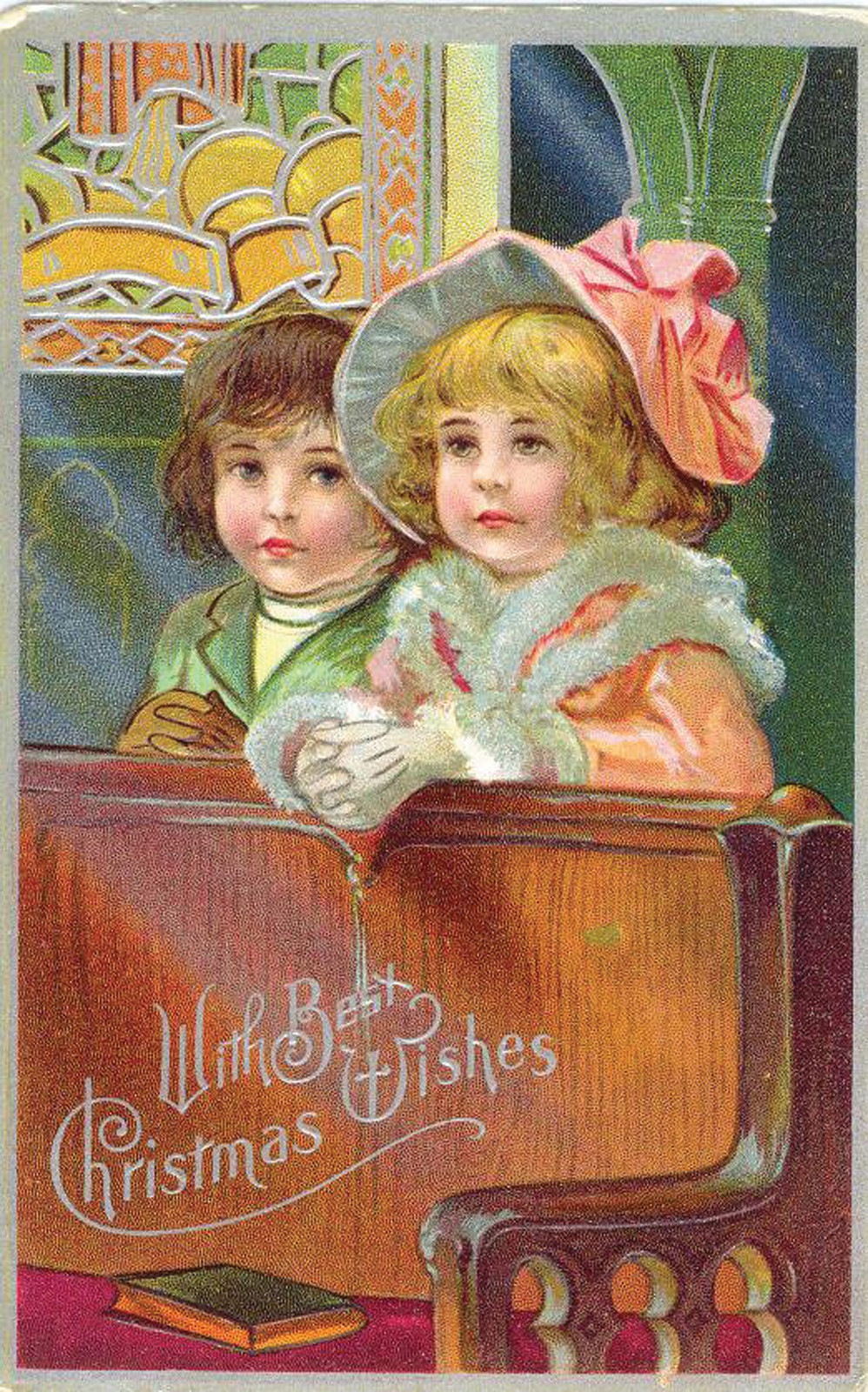 Vintage Christmas postcard of two children, 'With Best Wishes' — vintage postcard