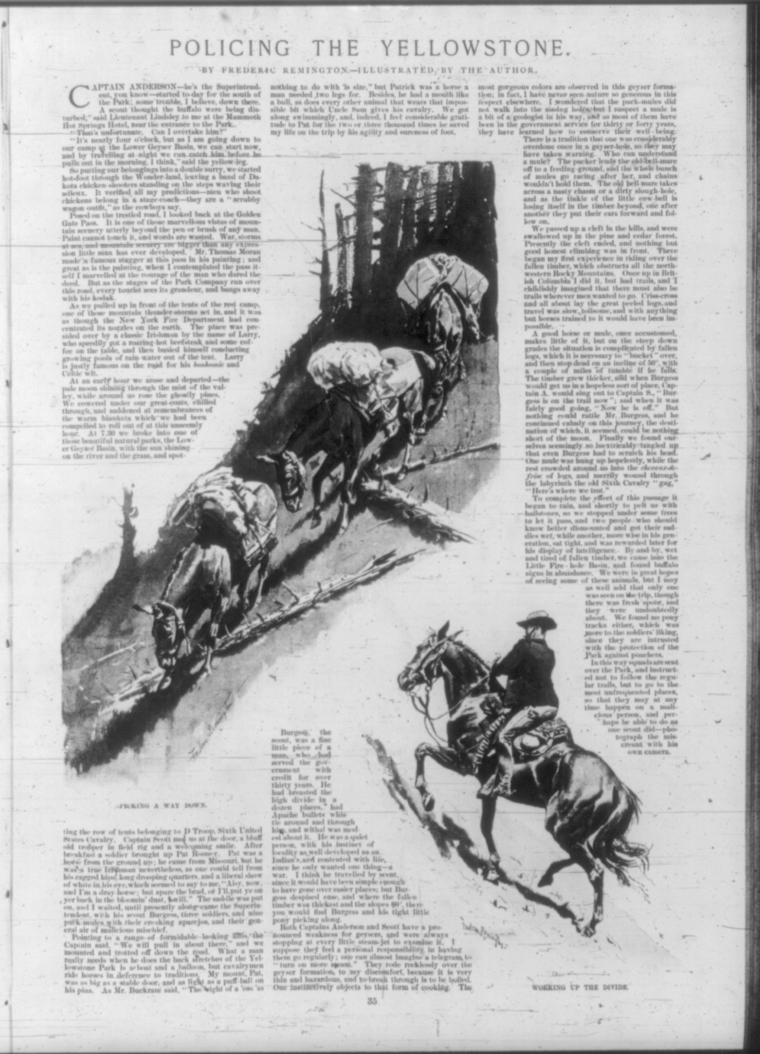Pack horses picking a way down"; trooper "working up the divide"" — historic print