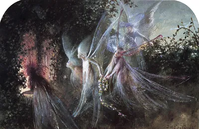 Fairies with flowers in a dark forest