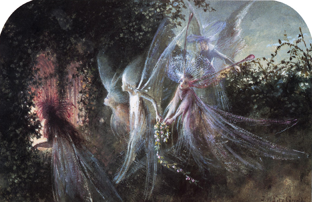 Fairies with flowers in a dark forest — historic image
