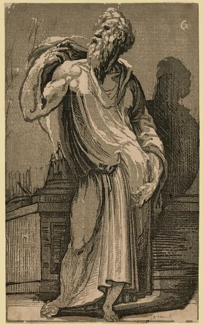 Bearded old man in a draped robe beside a pedestal