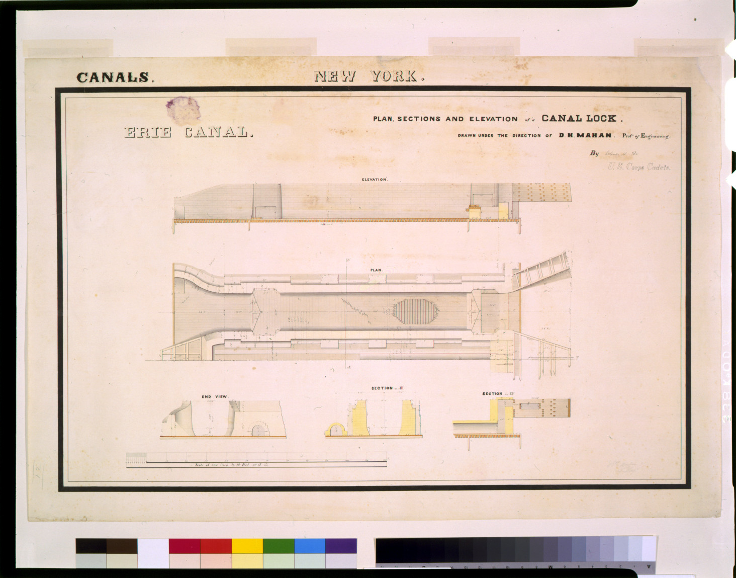 [Erie Canal (New York) Lock. Plan, sections, and elevation] / drawn under the direction of D.H. Mahan, Profr. of Engineering ; by Orlando M. Poe, U.S. Corps Cadets., and Engineering (ADE) Drawings" (http://www.loc.gov/rr/print/res/103_ade.html)." — historic drawing