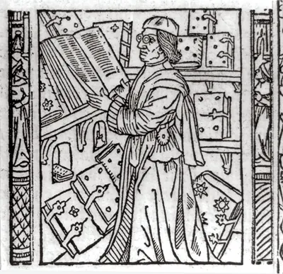 Scholar reading, in library