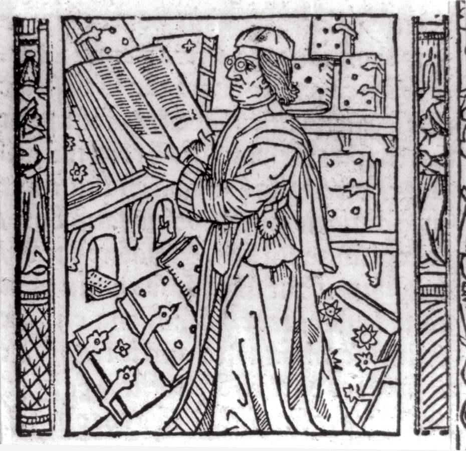 Scholar reading, in library, [no date recorded on caption card] — historic print