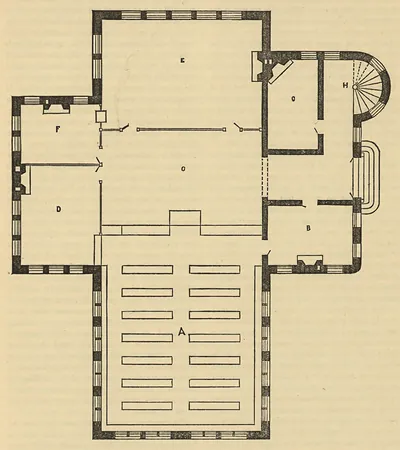 Floor plan of a small building with lettered rooms