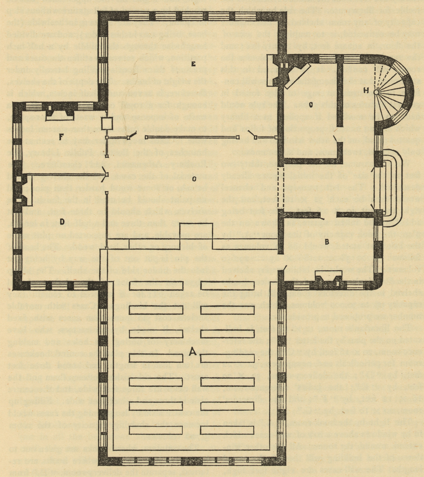 Floor plan of a small building with lettered rooms — historic image