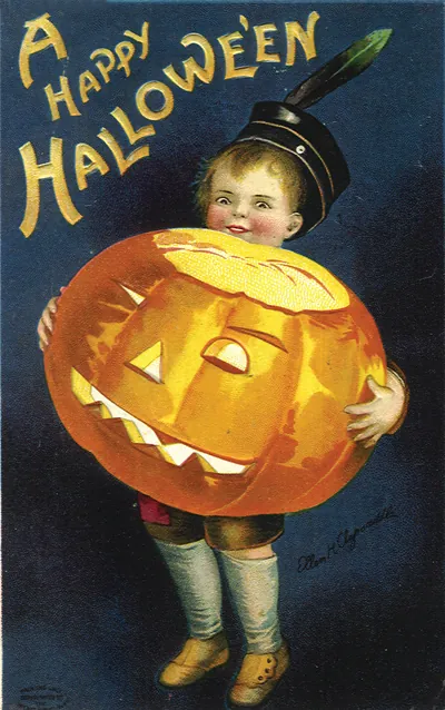 A Happy Halloween postcard: child with jack-o'-lantern