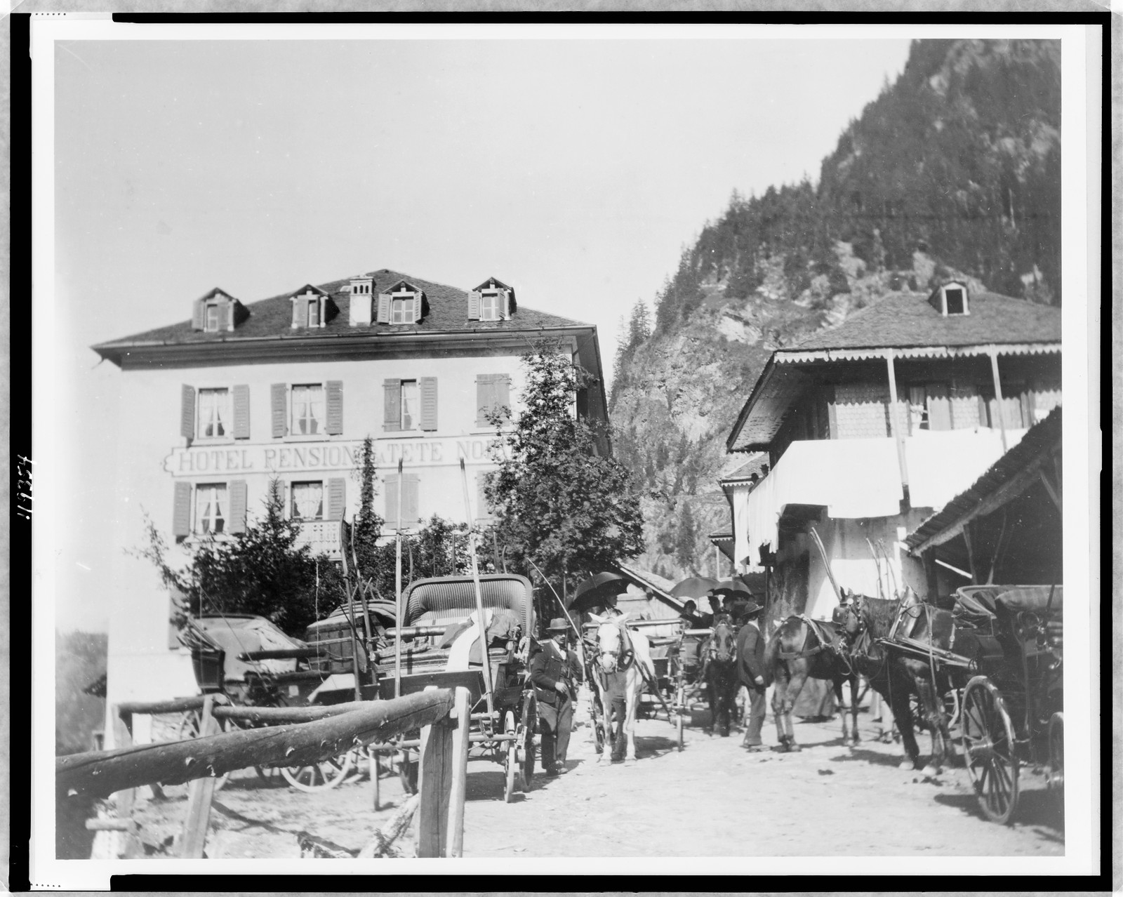 [Hotel Pension la Tete Noire, somewhere in Europe, with horses and carriages in foreground], [ca. 1900, printed 1964] — historic photograph