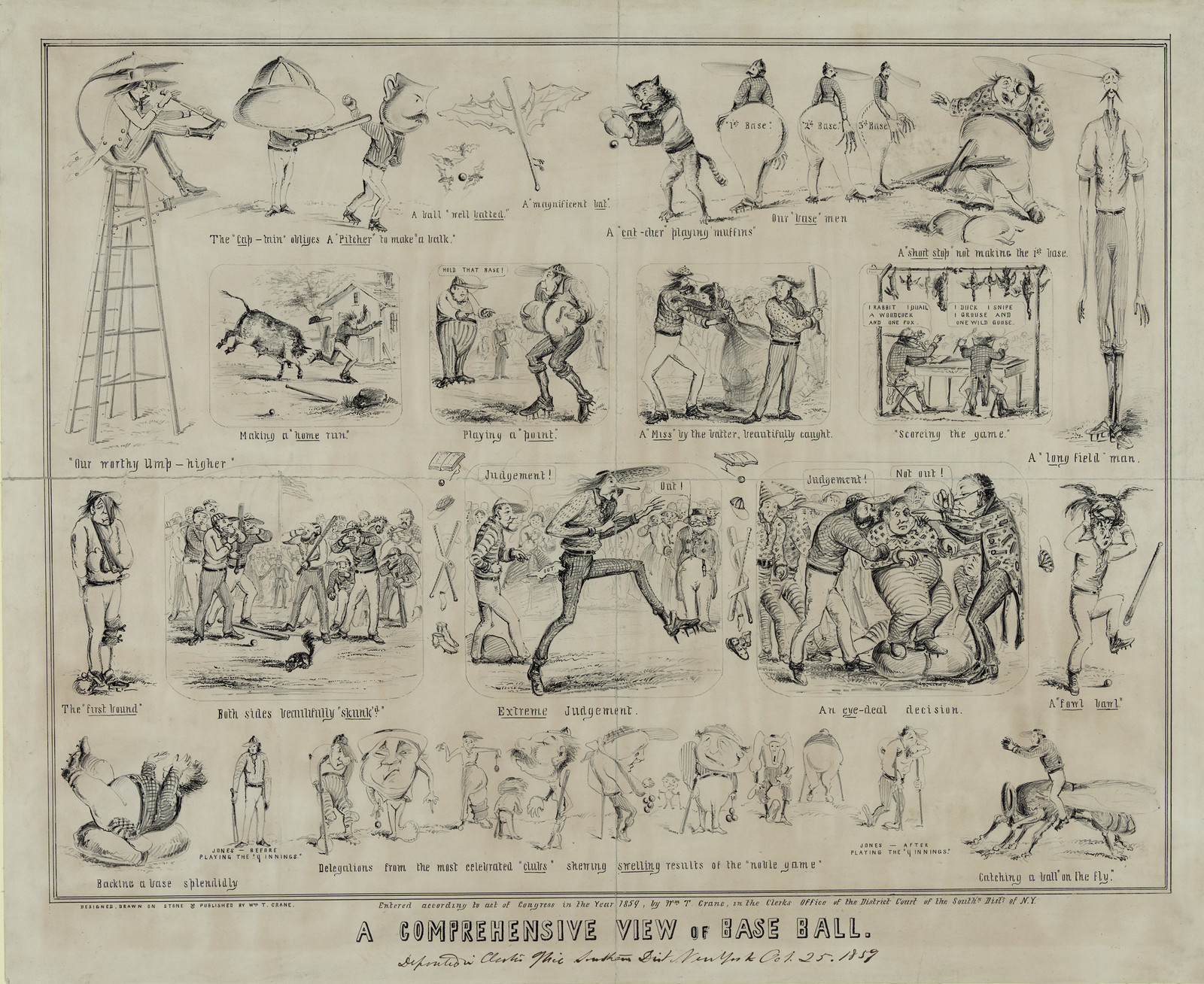 A Comprehensive View of Base Ball, lithograph caricature — antique lithograph