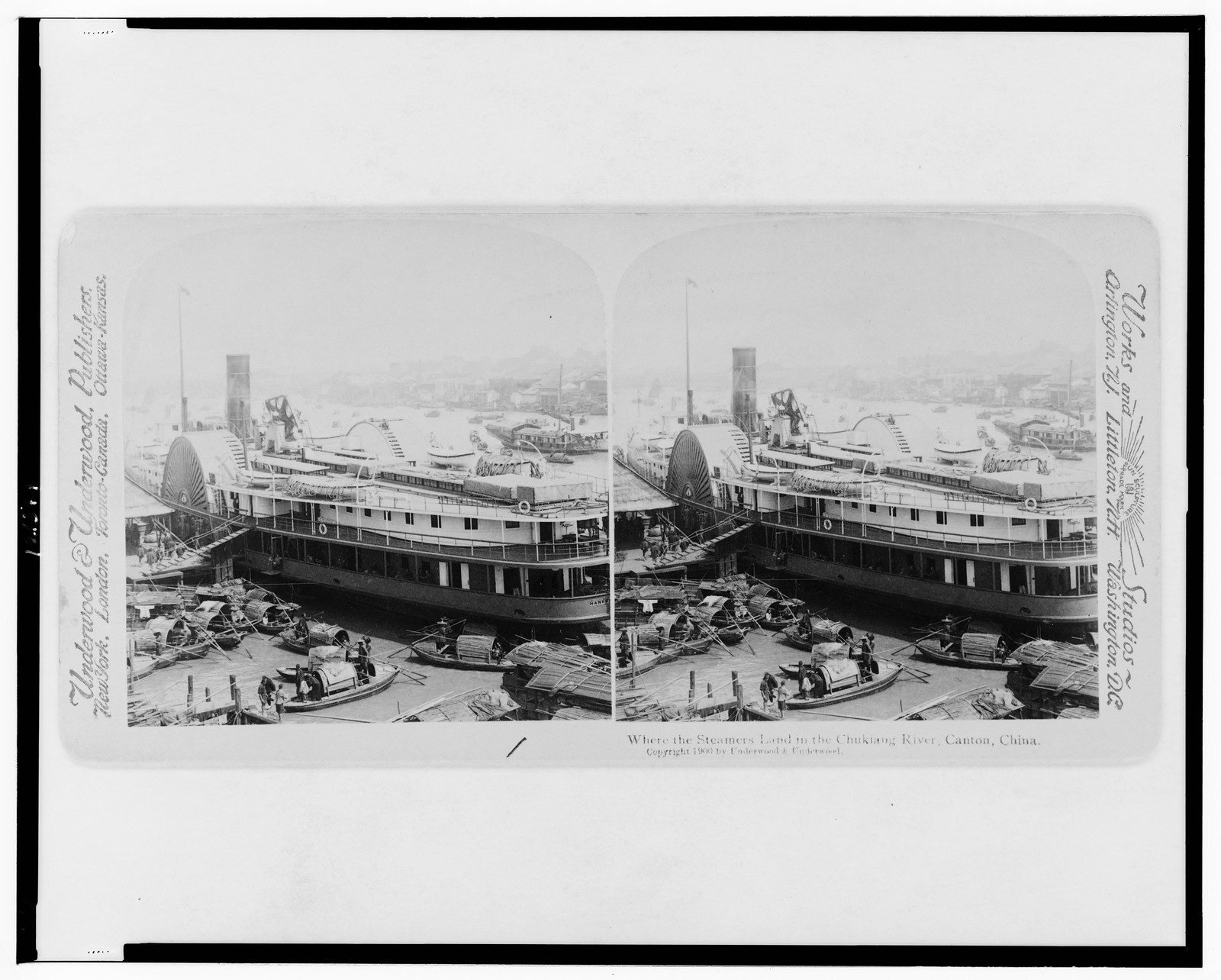 Where the steamers land in the Chukiang River, Canton, China, New York, N.Y. : Underwood & Underwood, c1900. — historic photograph