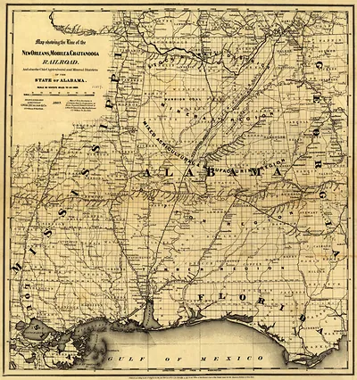 Map showing the line of the New Orleans, Mobile & Chattanooga Railroad