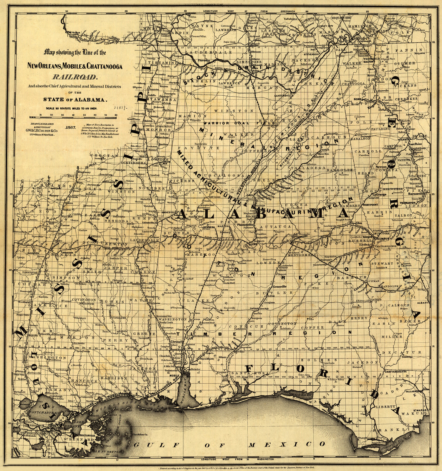 Map showing the line of the New Orleans, Mobile & Chattanooga Railroad — antique map
