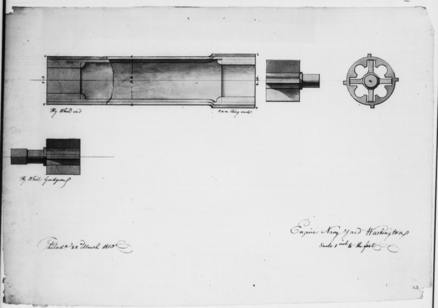 [Steam engine, Washington Navy Yard, Washington, D.C. Fly wheel, cam ring, fly wheel gudgeon], 1810 March 22. — historic drawing