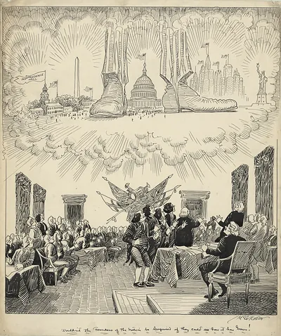 Cartoon of Founders amazed by giant modern America striding past Capitol
