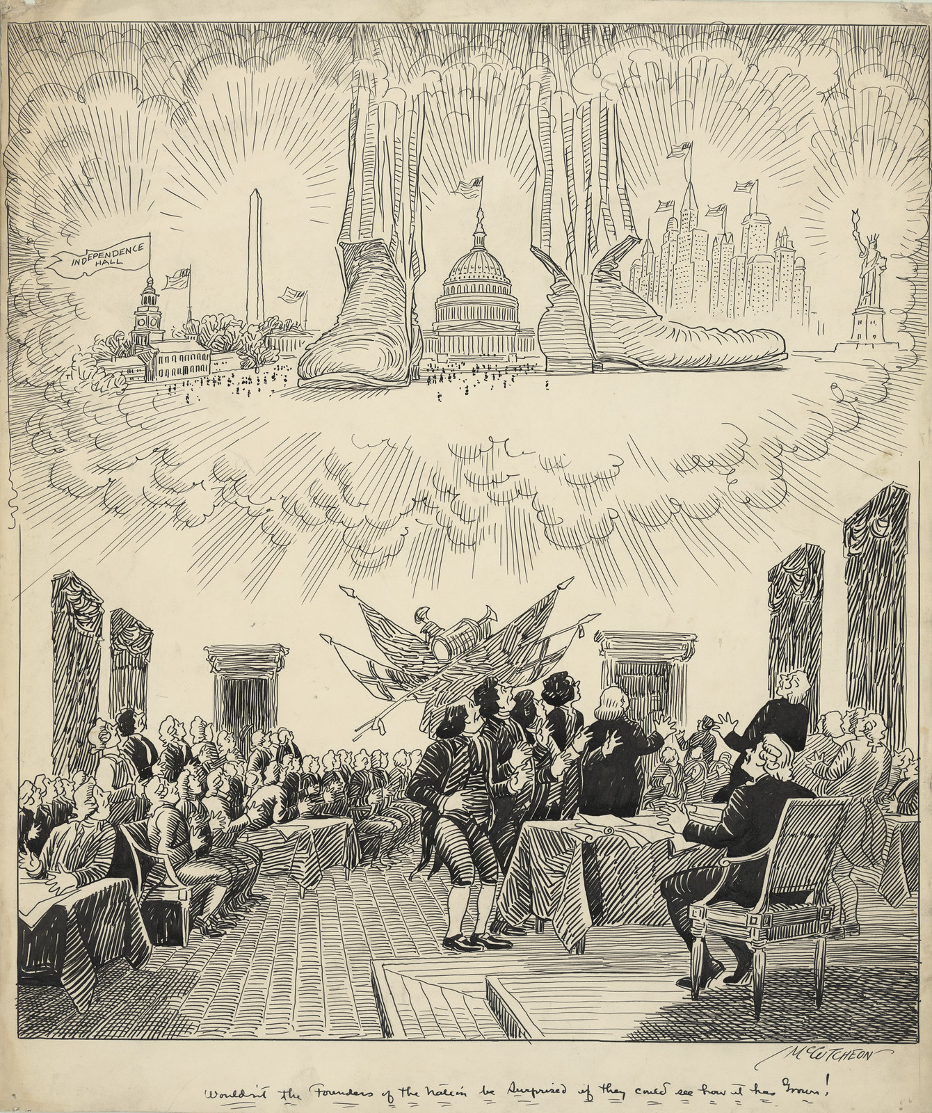 Cartoon of Founders amazed by giant modern America striding past Capitol — historic image