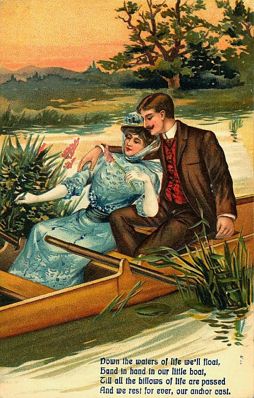 Romantic couple in a rowboat, Valentine postcard with verse — vintage postcard