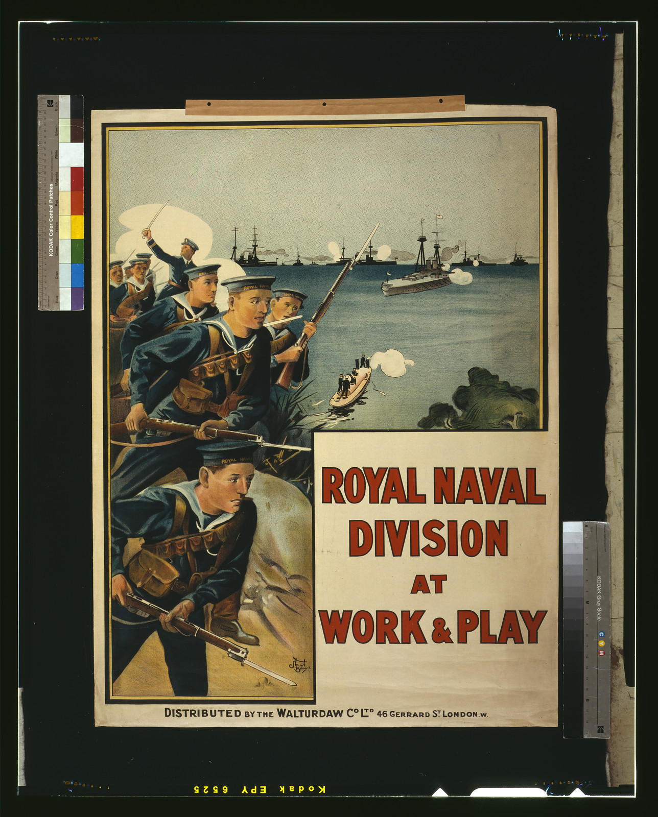 Royal Naval Division at work & play / Stewart Browne ; distributed by the Walturdaw Co. Ltd., 46 Gerrard St., London, W., [S.l. : s.n., 1915] — vintage poster