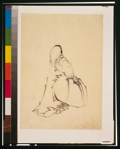[Fukurokuju, the god of wisdom, wealth, long life, and happiness, one of the seven lucky gods, standing, facing left]