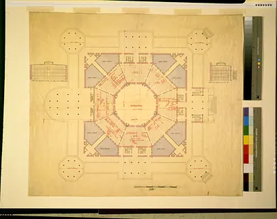 Architectural floor plan of an octagonal reading room
