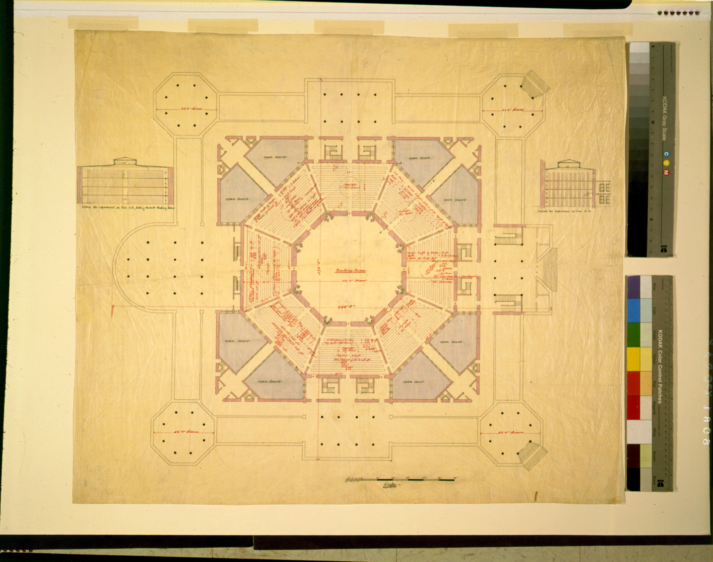 Architectural floor plan of an octagonal reading room — historic image