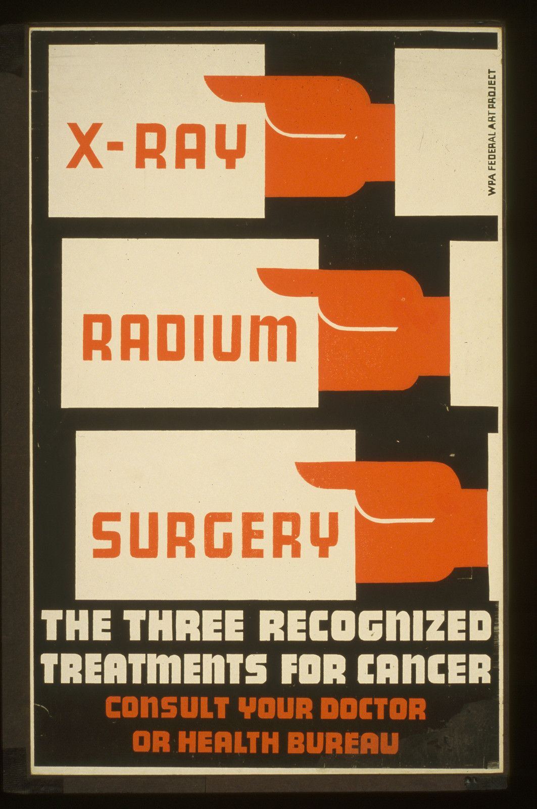 X-Ray radium surgery - the three recognized treatments for cancer Consult your doctor, 1936 — vintage poster