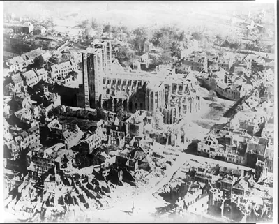 [Aerial of the ruined city of Noyon, France, during WWI]