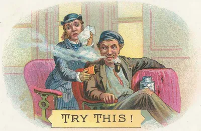 Trade card: man smoking pipe, "Try This!" banner