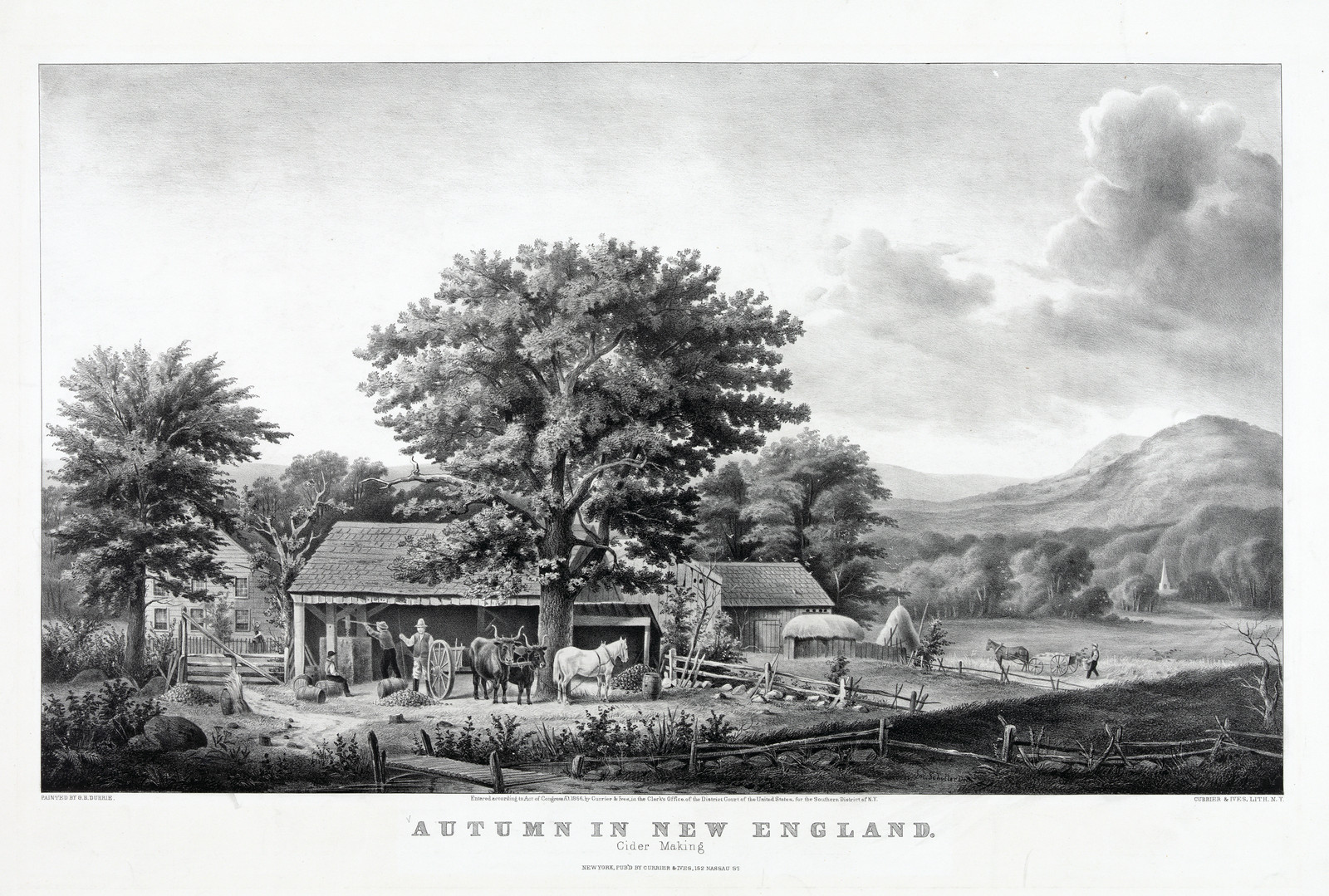 Autumn In New England: Cider Making, c. 1866 — antique lithograph