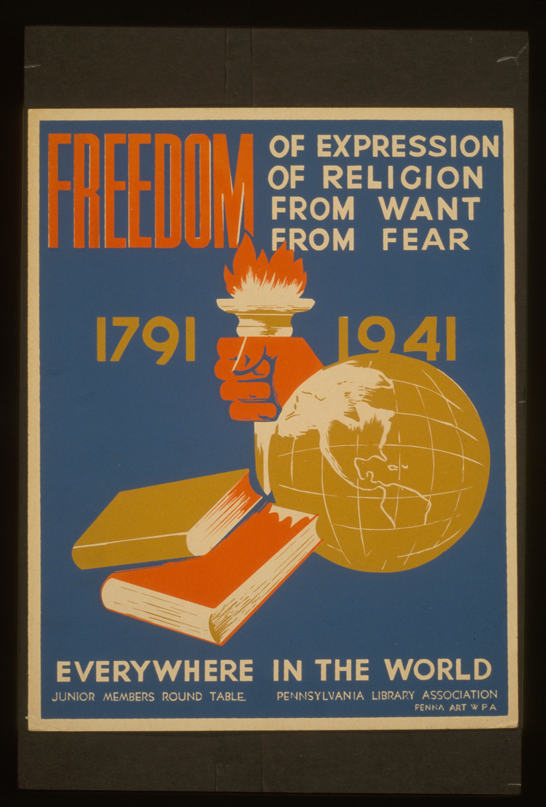 Freedom of expression of religion from want from fear everywhere in the world, 1936 — vintage poster