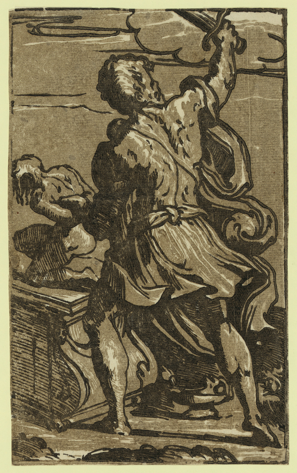 Chiaroscuro woodcut of a man with raised arm over a reclining youth — historic image