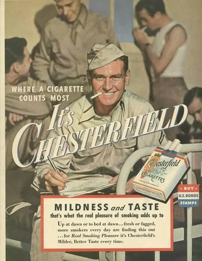 Chesterfield cigarettes magazine advertisement with soldier, 1940s