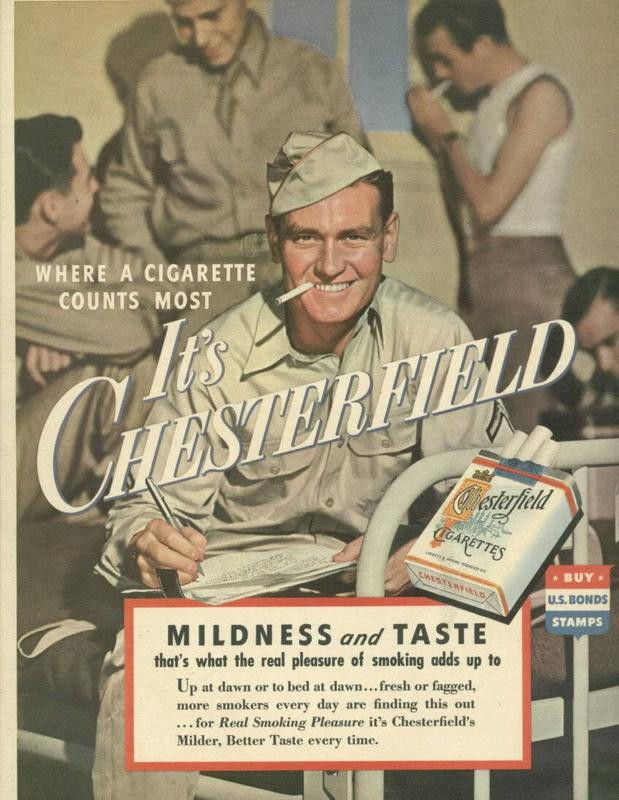 Chesterfield cigarettes magazine advertisement with soldier, 1940s — historic image