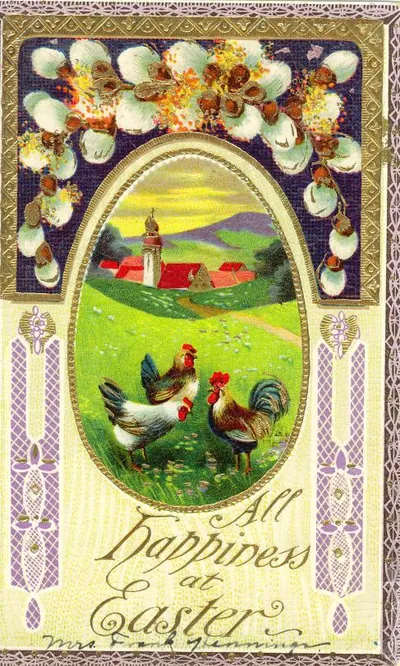Easter greeting postcard with roosters and hens