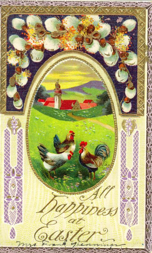 Easter greeting postcard with roosters and hens — vintage postcard